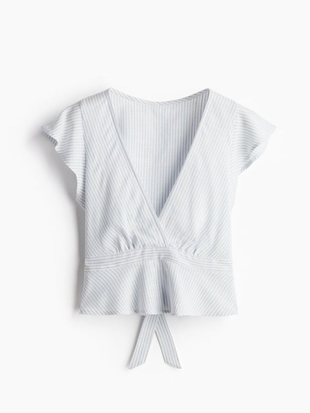 Blue Stripe Wrap Linen Blend Crop Blouse